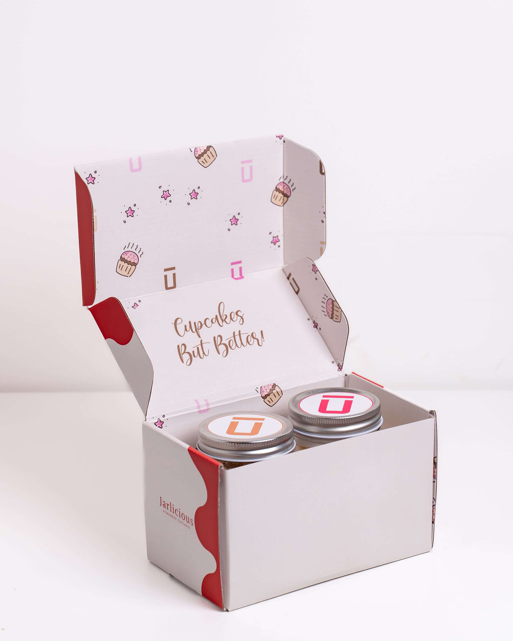 2 Pack Customizable Cupcakes Delivered Australia-wide in a stylish box, featuring jars of delicious cupcakes.