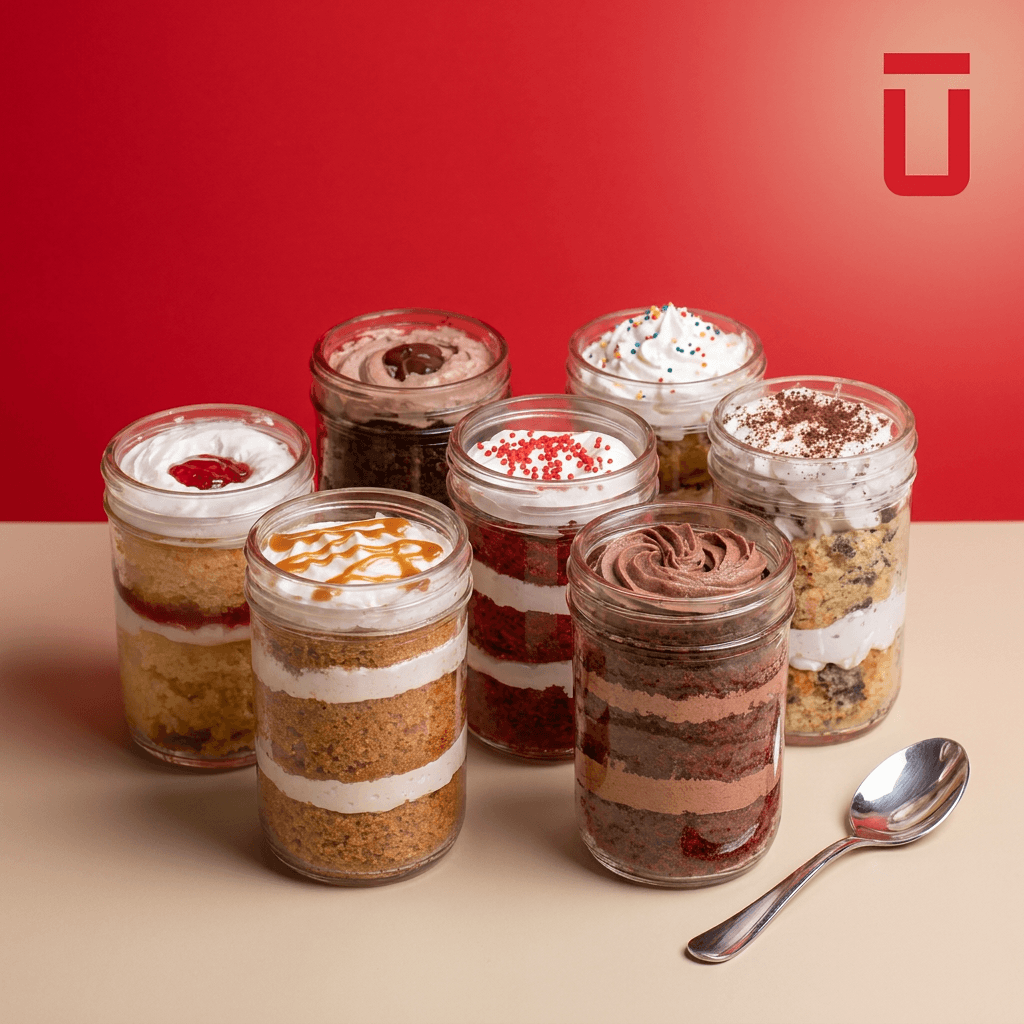 Six-layered dessert jars in clear glass containers arranged on a beige surface against a red background, with whipped topping, cake layers, sprinkles, drizzles, and a metal spoon nearby.